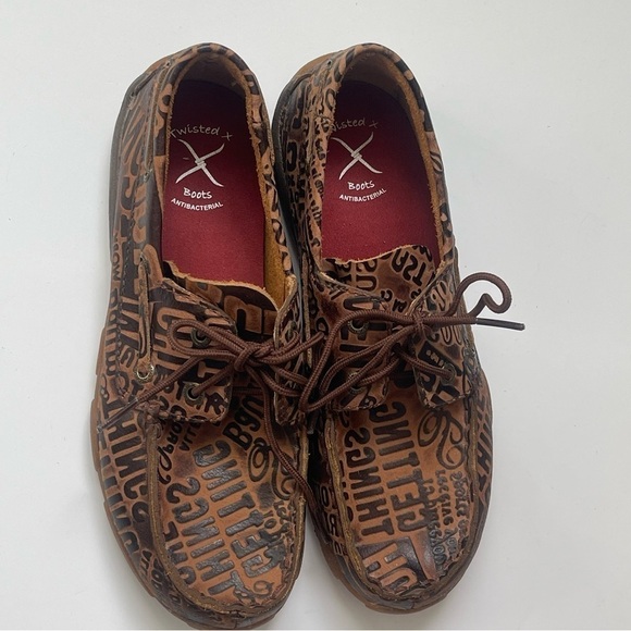 Twisted X Leather Boat Mocasines Brown Lace Up Size 5 Youth Fit Like Adult 8.5 - Picture 3 of 13